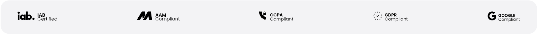 Certificaciones: IAB Certified, AAM Compliant, CCPA Compliant, GDPR Compliant y Google Compliant